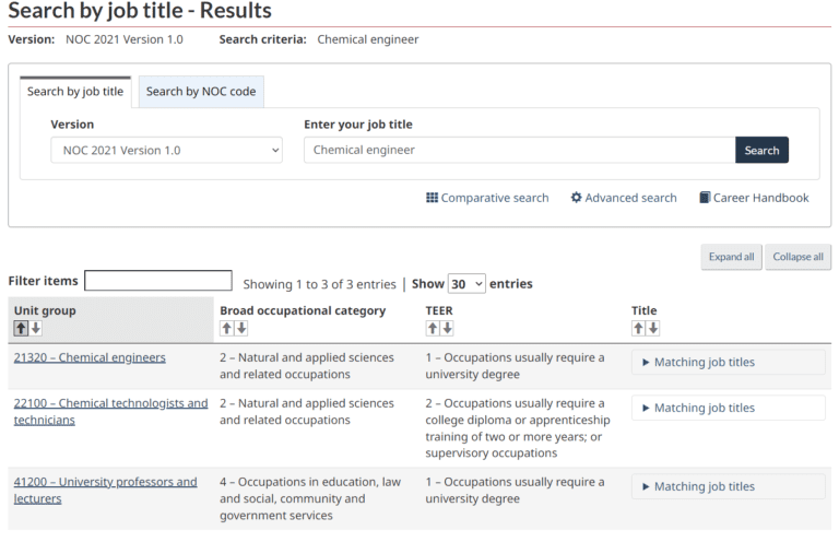 NOC Codes Search by Job Title