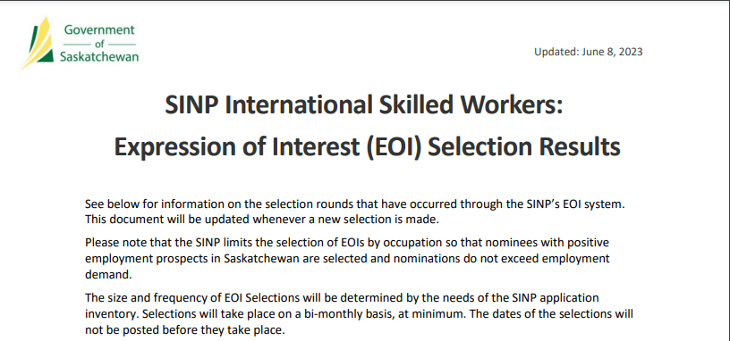 Saskatchewan Immigrant Nominee Program Draw- 08th June, 2023